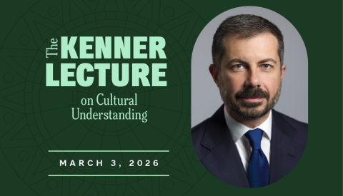 On a green background, a headshot of Pete Buttigieg.